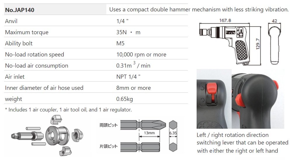 Súng vặn vít KTC, KTC JAP140, súng vặn vít 6.35mm, súng vặn vít khí nén