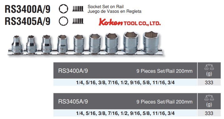 Bộ đầu khẩu hệ inch, Koken RS3400A/9, bộ đầu khẩu 3/8 hệ inch,