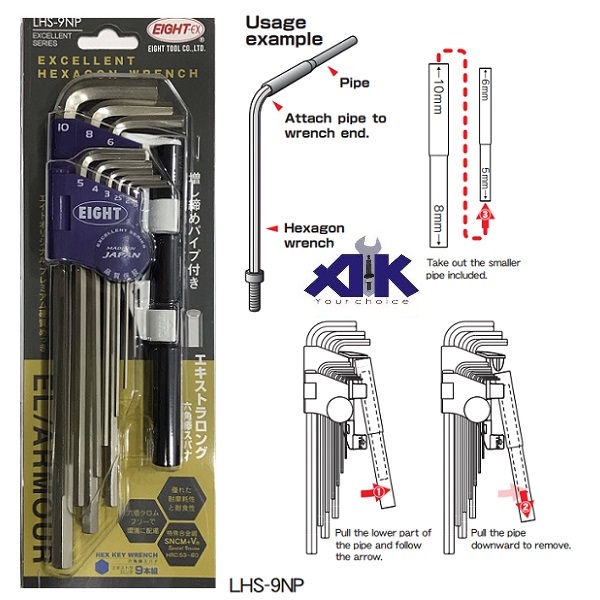 Bộ lục giác chữ L, bộ lục giác 9 cỡ đầu thẳng, bộ Eight LHS-9NP