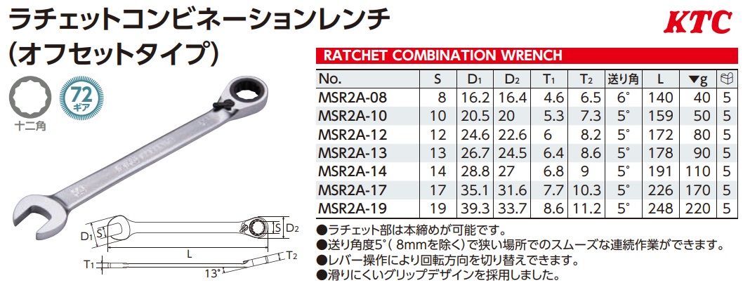 Cờ lê tròng tự động, KTC MSR2A-12, MSR2A-10, cờ lê tạch, cờ lê kết hợp tự động