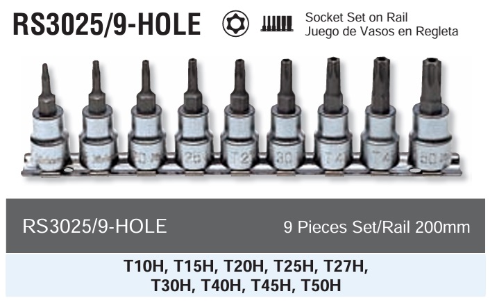 Bộ khẩu tuýp hoa thị, có lỗ giữa, dùng cho ốc hoa thị, Koken RS3025/9-HOLE