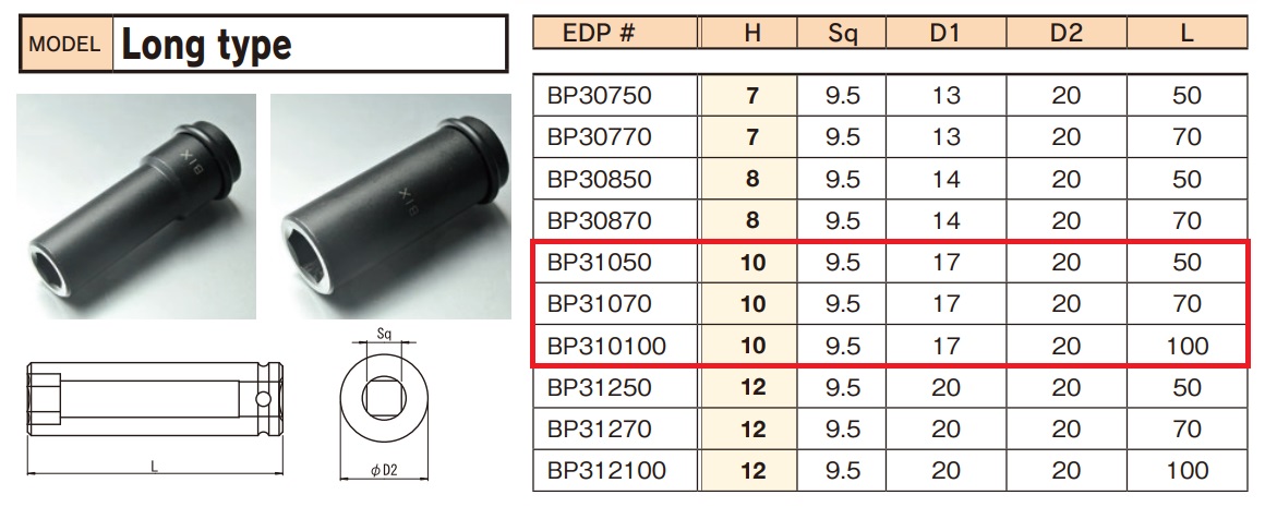 Đầu khẩu 3/8 loại dài, đầu khẩu BiX Nhật, đầu khẩu dài 50mm,