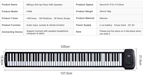 Đàn Piano 88 Phím Cuộn Konix Flexible PA88 - Pin sạc 1000mAh