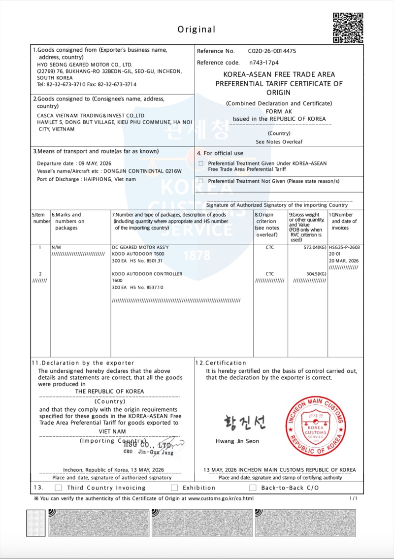 Chứng nhận xuất xứ (Certificate of Origin - C/O Form AK)