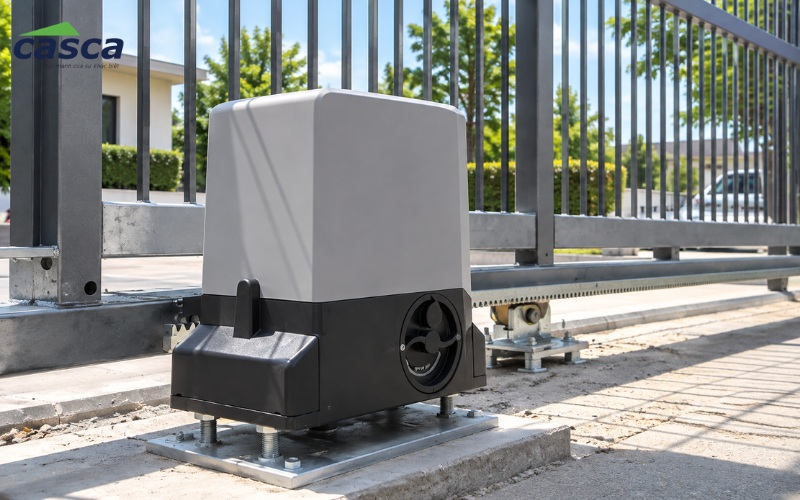 Motor cửa cổng trượt truyền chuyển động từ bánh răng sang thanh răng gắn trên cánh cổng