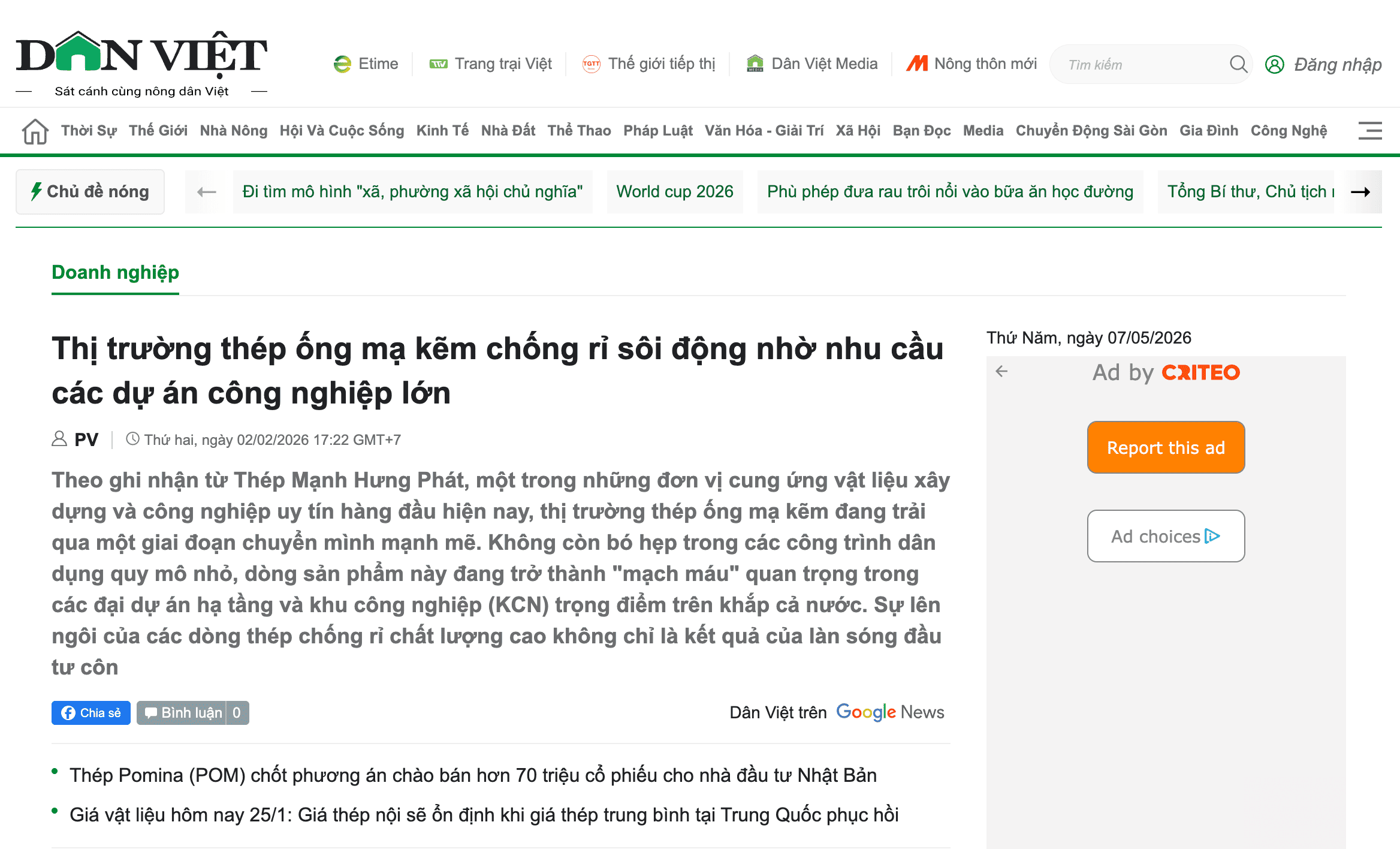 Báo Dân Việt Nói về Thép Mạnh Hưng Phát