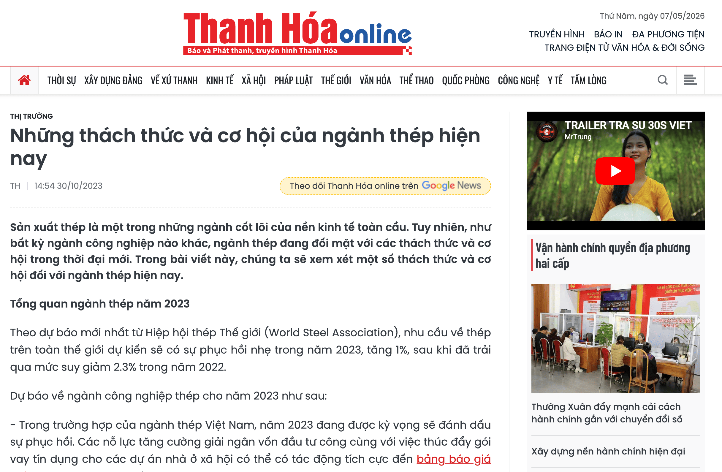 Báo Thanh Hoá Nói về Thép Mạnh Hưng Phát