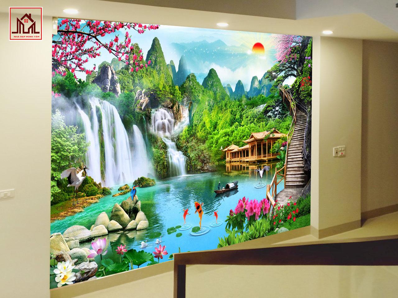 thi công tranh dán tường sơn thủy hữu tình tại Lào Cai