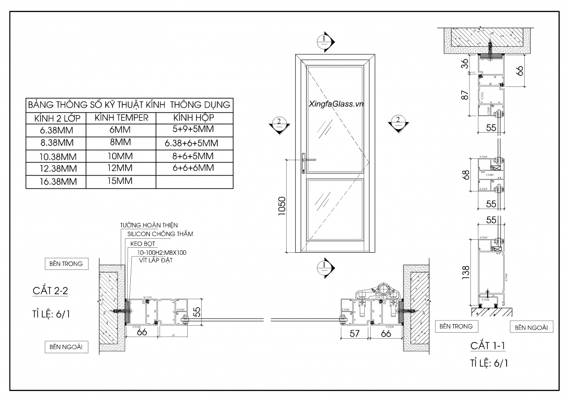 BẢN VẼ KỸ THUẬT CỬA ĐI MỞ QUAY 1 CÁNH NHÔM XINGFA HỆ 55