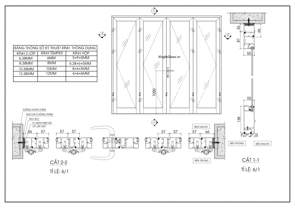 BẢN VẼ KỸ THUẬT CỬA ĐI MỞ QUAY 4 CÁNH NHÔM XINGFA HỆ 55