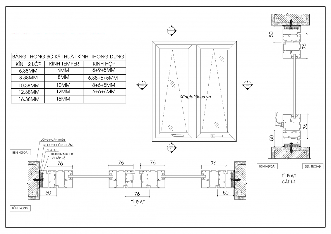 BẢN VẼ KỸ THUẬT CỬA SỔ MỞ QUAY NHÔM XINGFA HỆ 55