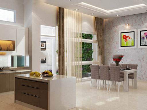 giấy dán tường phòng ăn màu sáng kết hợp giữa tone màu trơn và giấy họa tiết nhẹ nhàng  mở rộng không gian