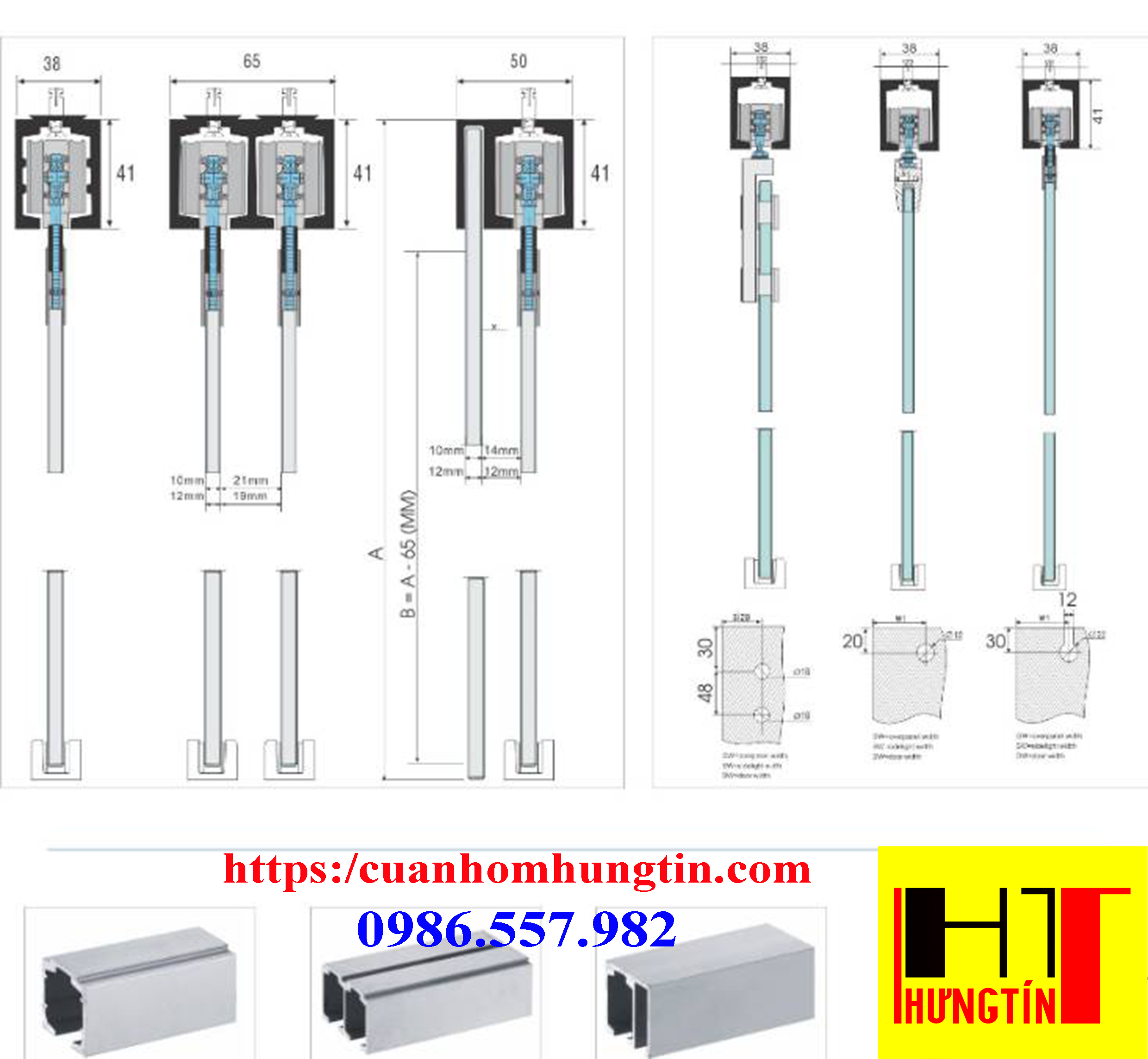 Bản vẽ phụ kiện cửa trượt ray treo nhôm liền vách