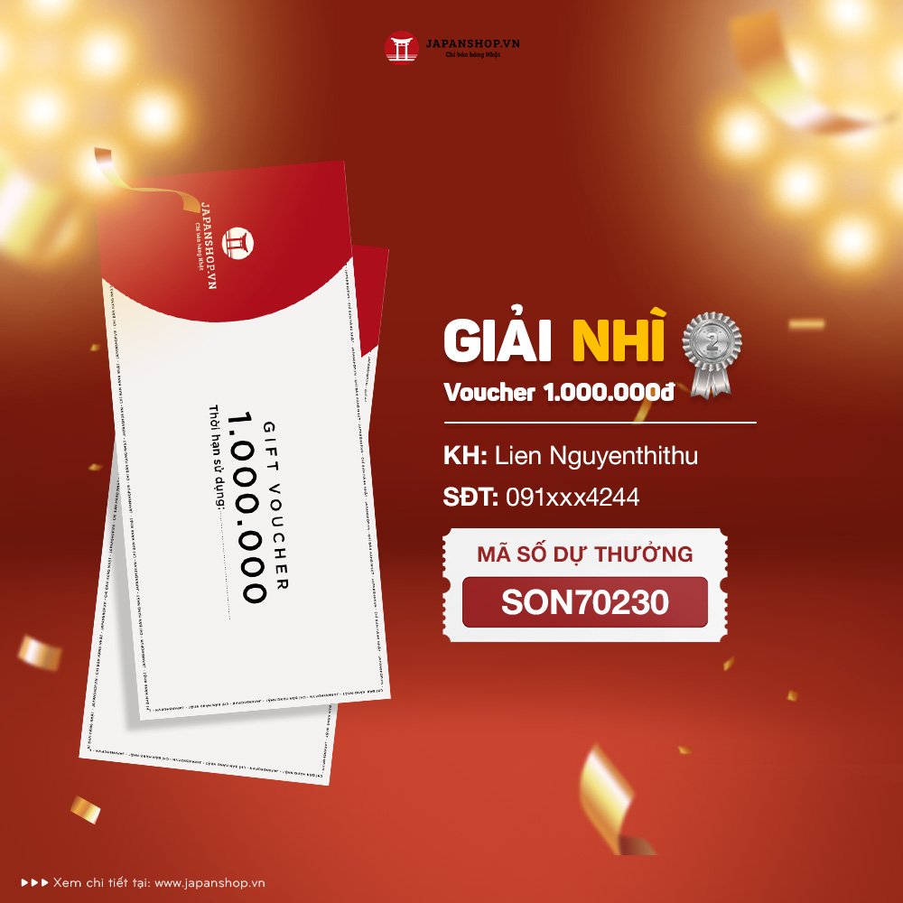 Kết quả 7 giải nhì: Mỗi giải 1 voucher mua hàng tại hệ thống Japanshop.vn trị giá 1.000.000 VNĐ  tại Japanshop.vn 