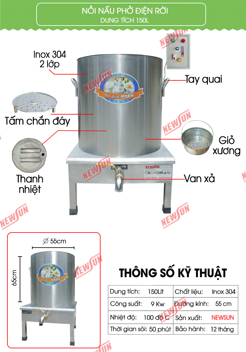 Cấu tạo nồi điện nấu phở Newsun