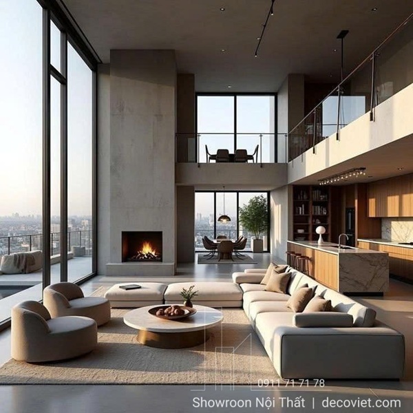 Không gian phòng khách hiện đại nổi bật với thiết kế sofa sang trọng và tinh tế.