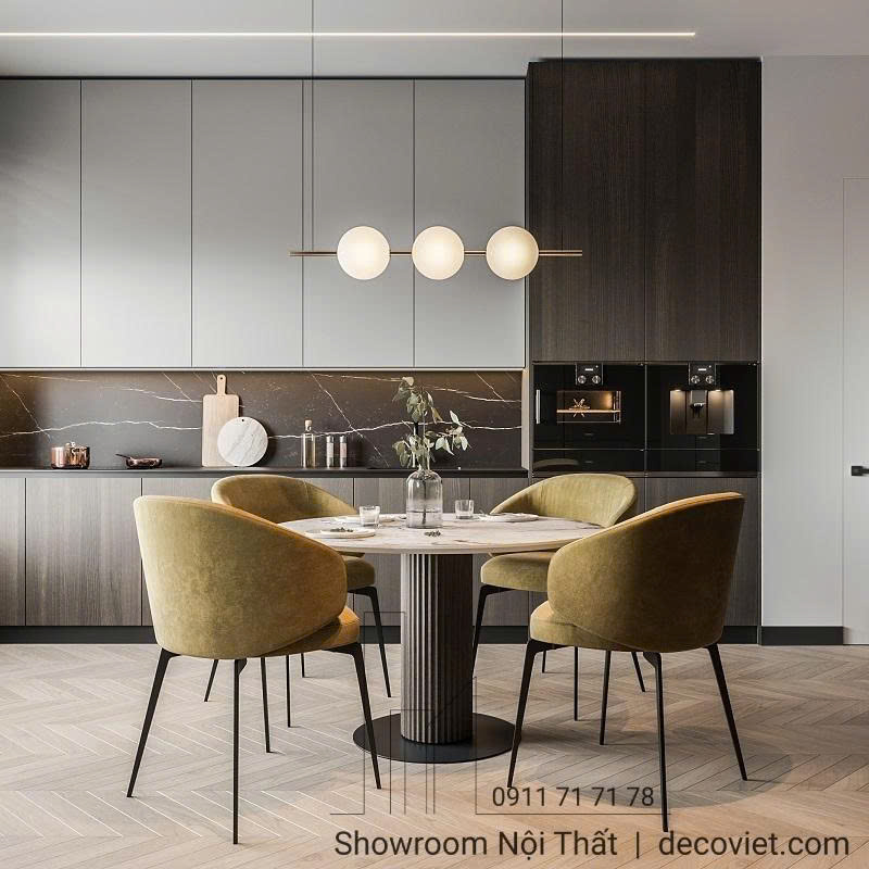 Bàn ăn tròn gỗ 4 ghế, kích thước tiêu chuẩn cho gia đình nhỏ.