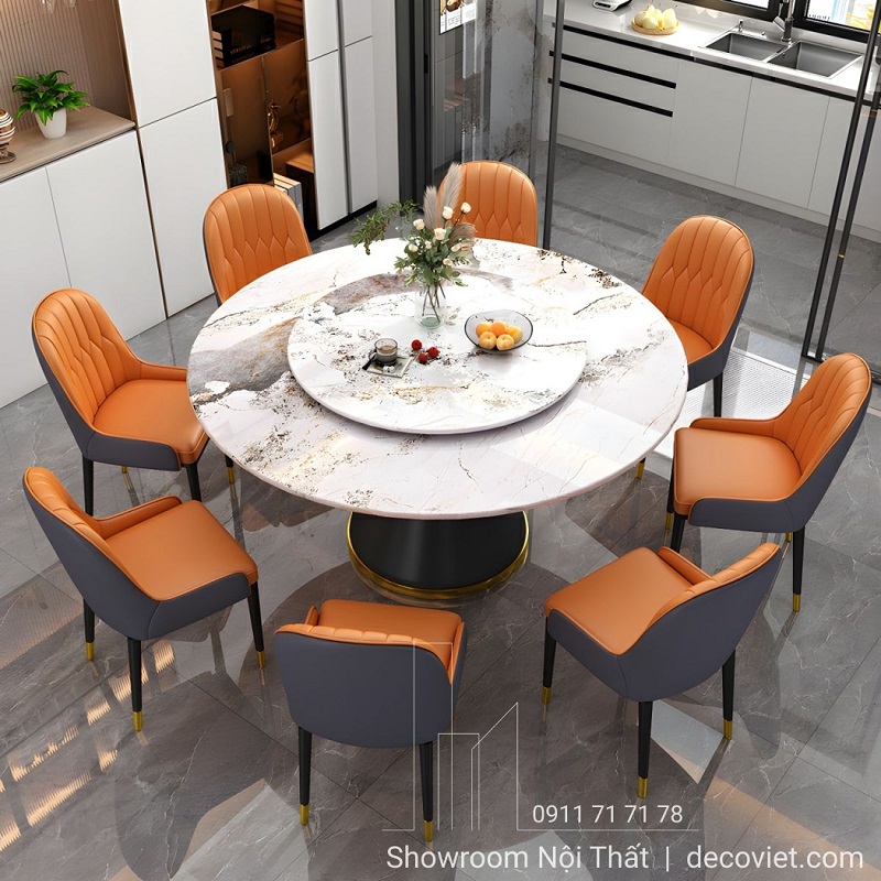 Bàn ăn tròn mặt đá xoay, thiết kế tinh tế cho không gian hiện đại.