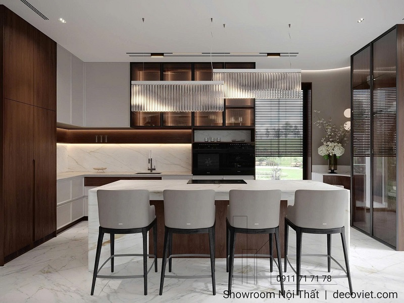 Mẫu bếp nhà phố hiện đại kết hợp đảo bếp và ghế bar, tối ưu công năng và thẩm mỹ