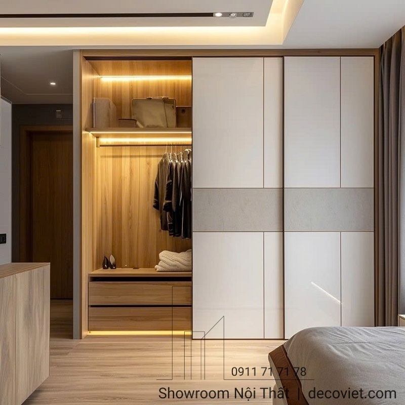 Thiết kế tủ áo âm tường sang trọng, giúp căn phòng gọn gàng hơn