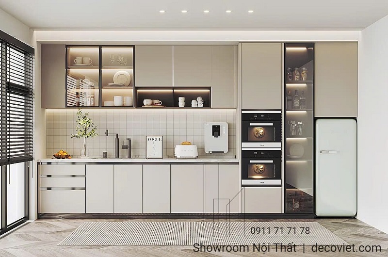 Mẫu tủ bếp Acrylic chữ I – Giải pháp tiết kiệm diện tích cho căn hộ nhỏ.