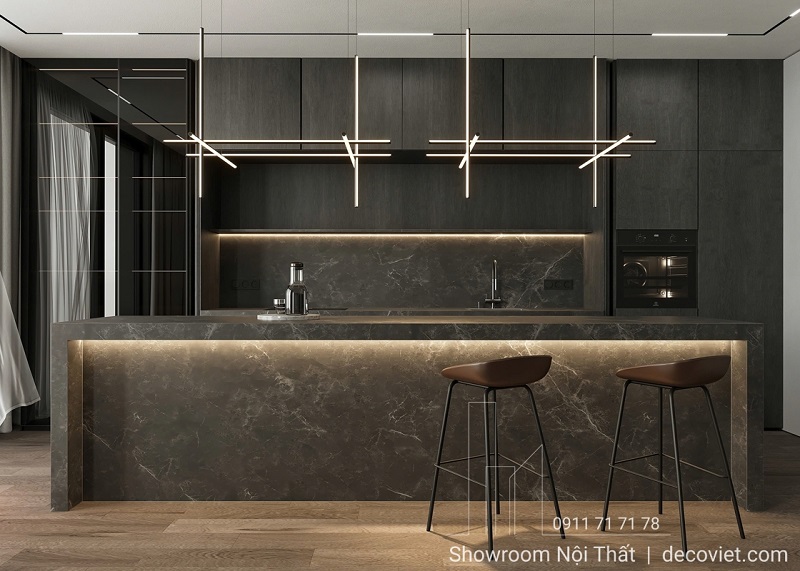 Tủ bếp Acrylic màu ghi hiện đại, thiết kế tinh giản phù hợp căn hộ cao cấp