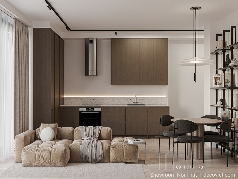Tủ bếp gỗ MDF phủ Melamine bền màu, dễ vệ sinh, phù hợp với khí hậu miền Nam.