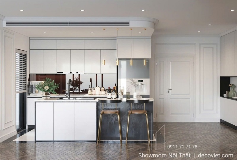 Tủ bếp thiết kế tối giản, phù hợp với căn hộ chung cư và nhà phố hiện đại