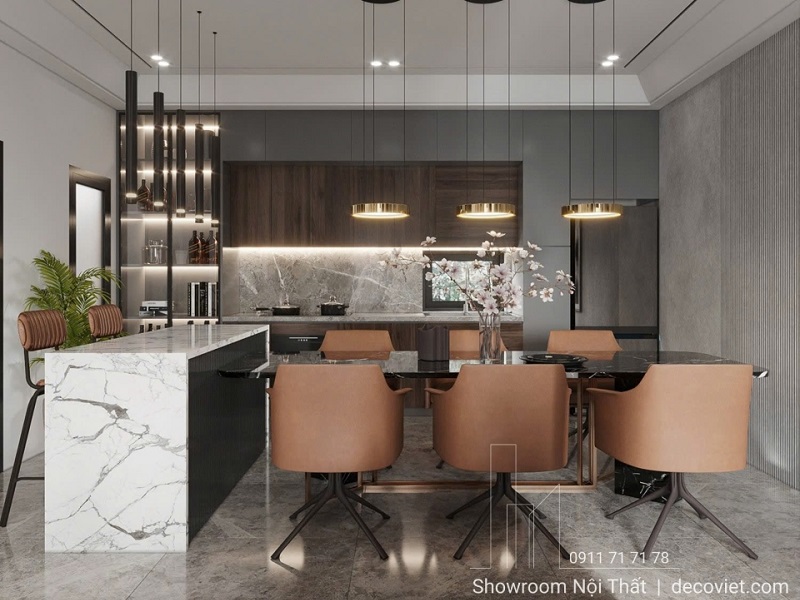 Bề mặt tủ bếp phủ Melamine vân gỗ sang trọng, dễ vệ sinh và bền màu theo thời gian.