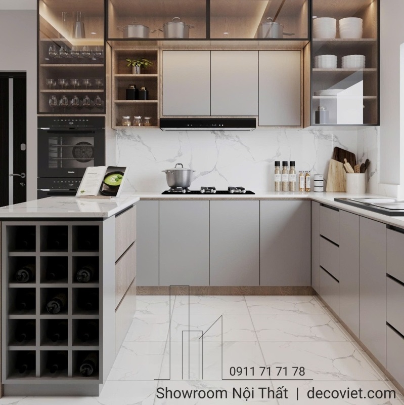 Tủ bếp MFC chống ẩm lõi xanh bền đẹp, phối tông màu trung tính đậm chất hiện đại