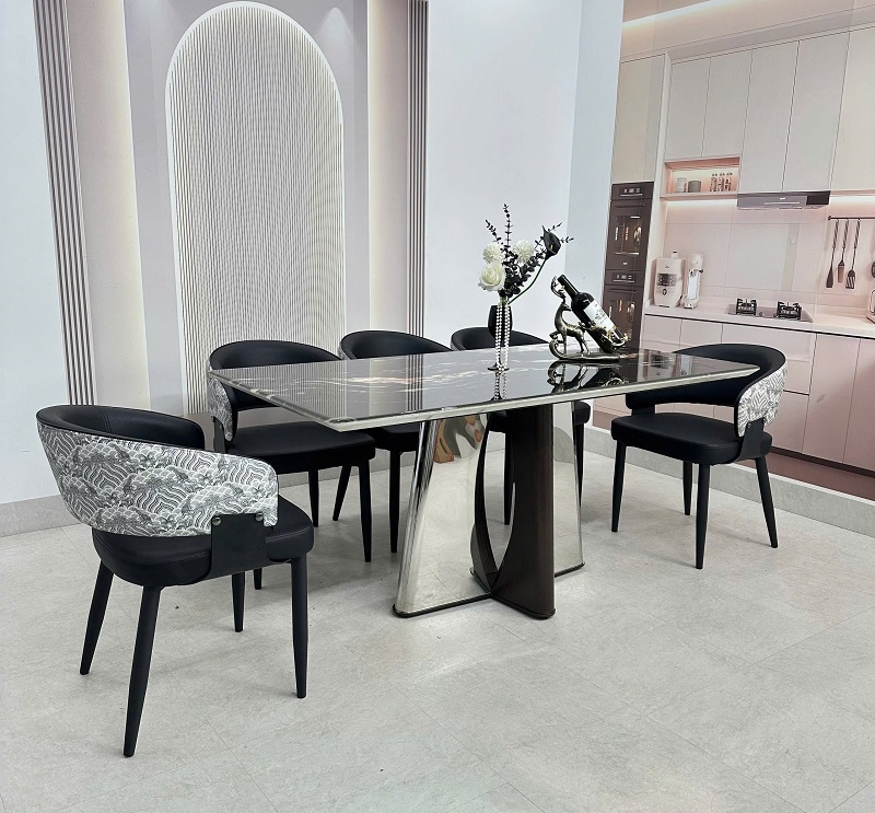 Bàn Ăn 6 Ghế Mặt Đá Chân Inox 2893S