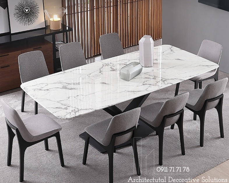 Sự kết hợp giữa đá và gỗ mang tới sự ấn tượng đặc biệt cho bàn ăn mặt đá trắng, 6 ghế giá xưởng BA