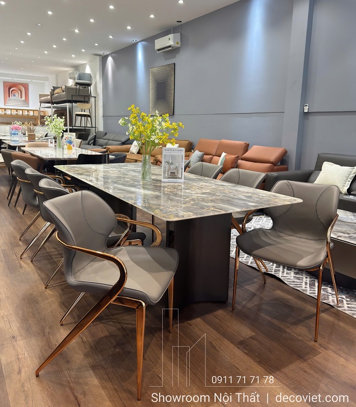 Bàn ăn mặt đá 2m2 kèm 8 ghế tay cong hiện đại