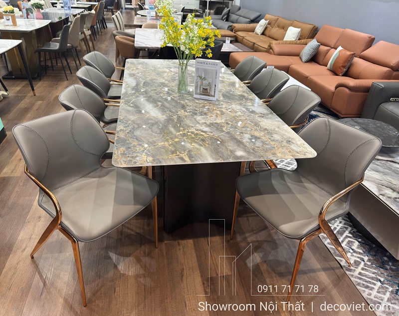 Ghế ăn tay cong bọc da cao cấp phối với bàn mặt đá