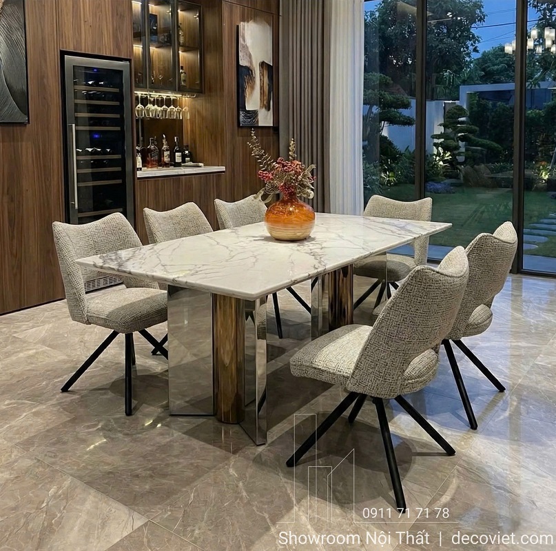 Bàn Ăn Mặt Đá Chân Inox 6 Ghế Hiện Đại 2855S