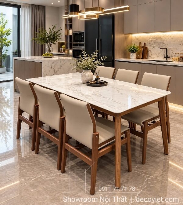 Bàn Ăn 6 Ghế Mặt Đá Chân Gỗ 2934S