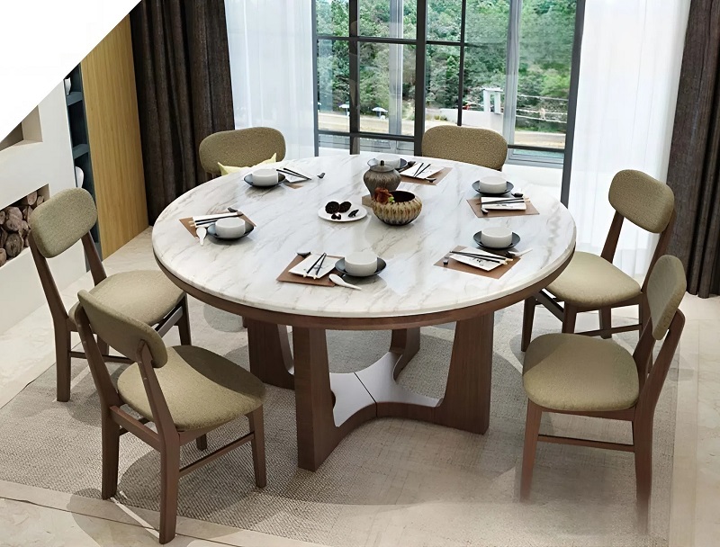 Bàn Tròn 6 Ghế Gỗ Mặt Đá 2912S