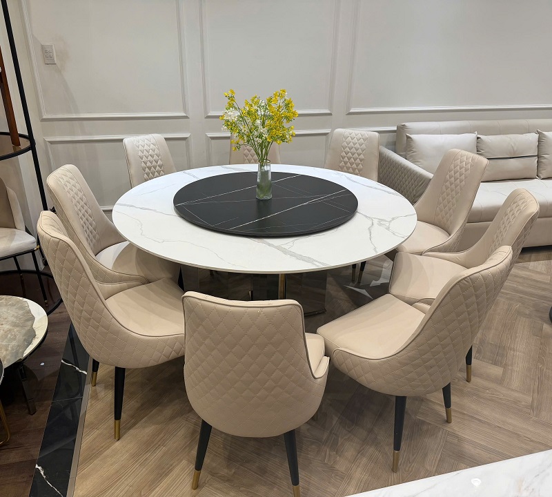 Bàn Tròn Xoay 8 Người Chân Inox 2865S mặt đá lamar đẹp sang trọng, kích thước rộng rãi