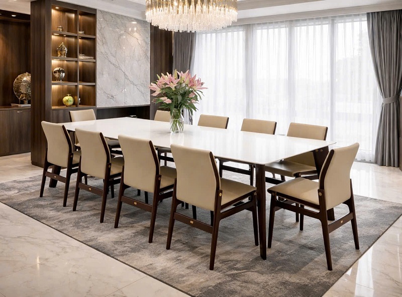 Bộ Bàn Ăn 10 Ghế Gỗ Sồi Mặt Đá 2921S