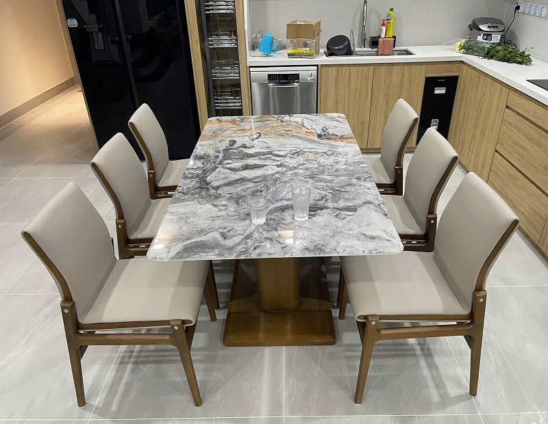 Bộ Bàn Ăn Gỗ 6 Ghế Mặt Đá 2847S thiết kế hiện đại cho phòng ăn chung cư, nhà phố