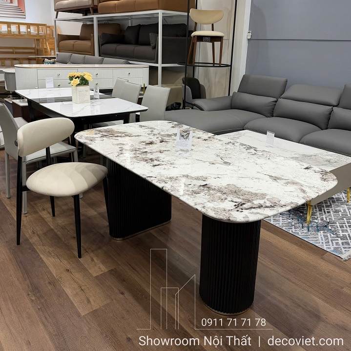 Bàn ăn mặt đá 2848S chân trụ gỗ bo tròn chắc chắn sang trọng