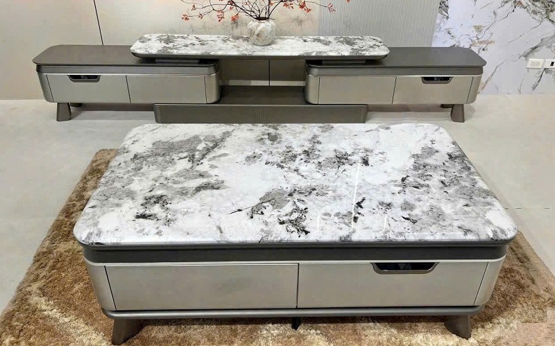 Combo Kệ Tivi Mặt Đá Nhập Khẩu 111T kết hợp bàn trà chữ nhật sang trọng cho phòng khách