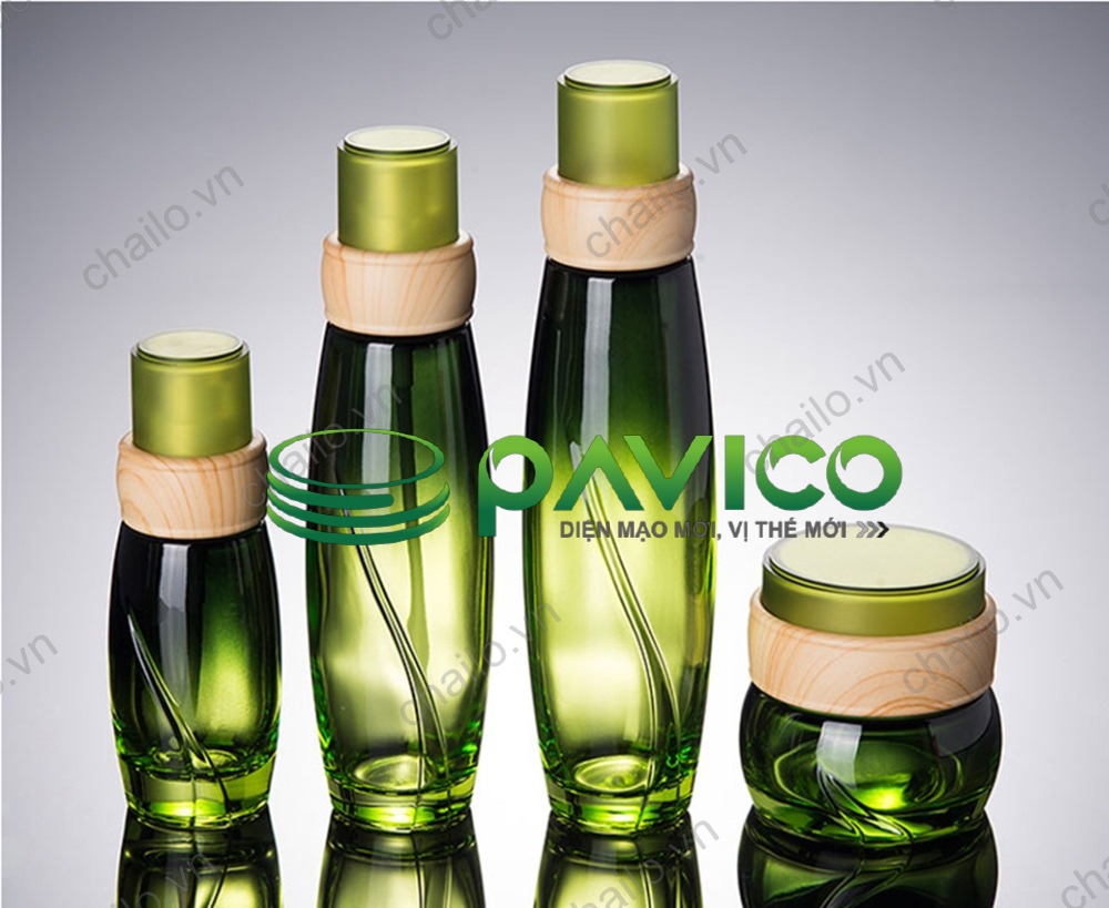Vỏ chai lọ thủy tinh xanh lục nắp acrylic giả gỗ