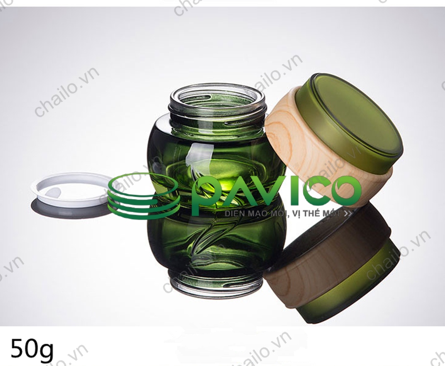 Vỏ chai lọ thủy tinh xanh lục nắp acrylic giả gỗ