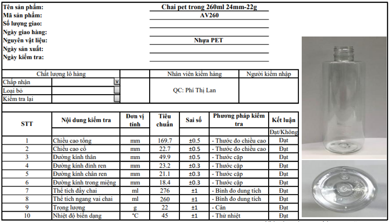AV260-Chai PET dáng trụ 260ml-24mm