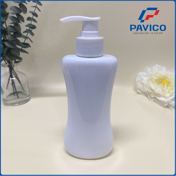 BH200-Chai PET trắng sứ dáng eo đầu bơm 200ml