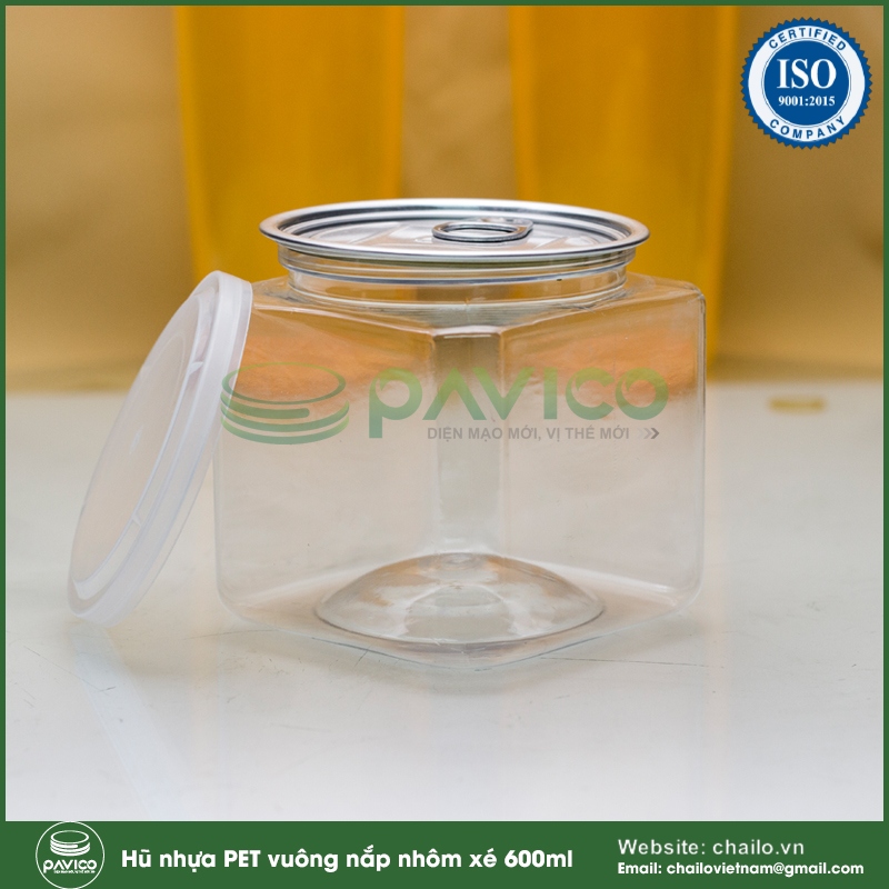 Hũ nhựa PET vuông đựng thực phẩm nắp nhôm xé 600ml