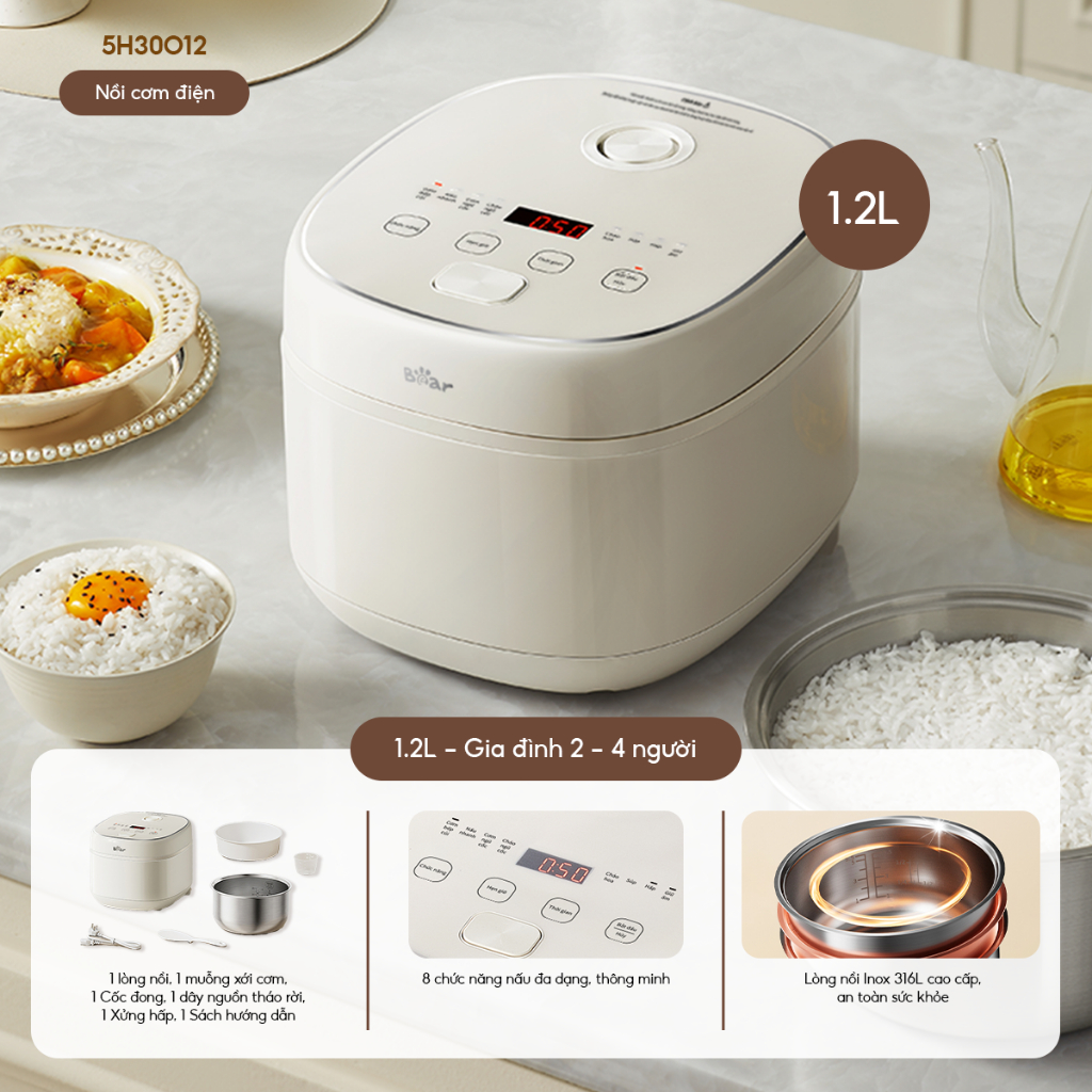 Nồi cơm điện Bear 1.2L RC-5H30O12 (lòng inox)