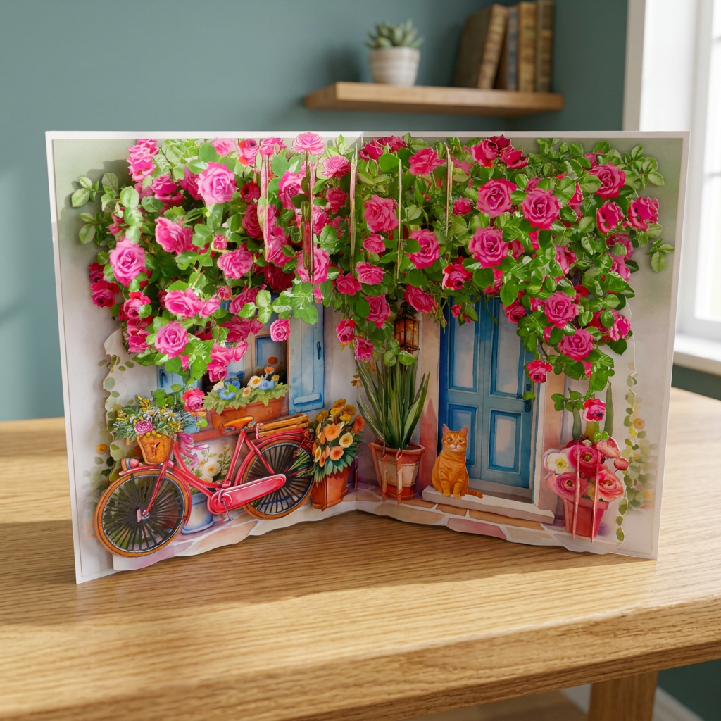 3D Pop Up Flower Garden Greeting Card – Romantic Door & Rose Design