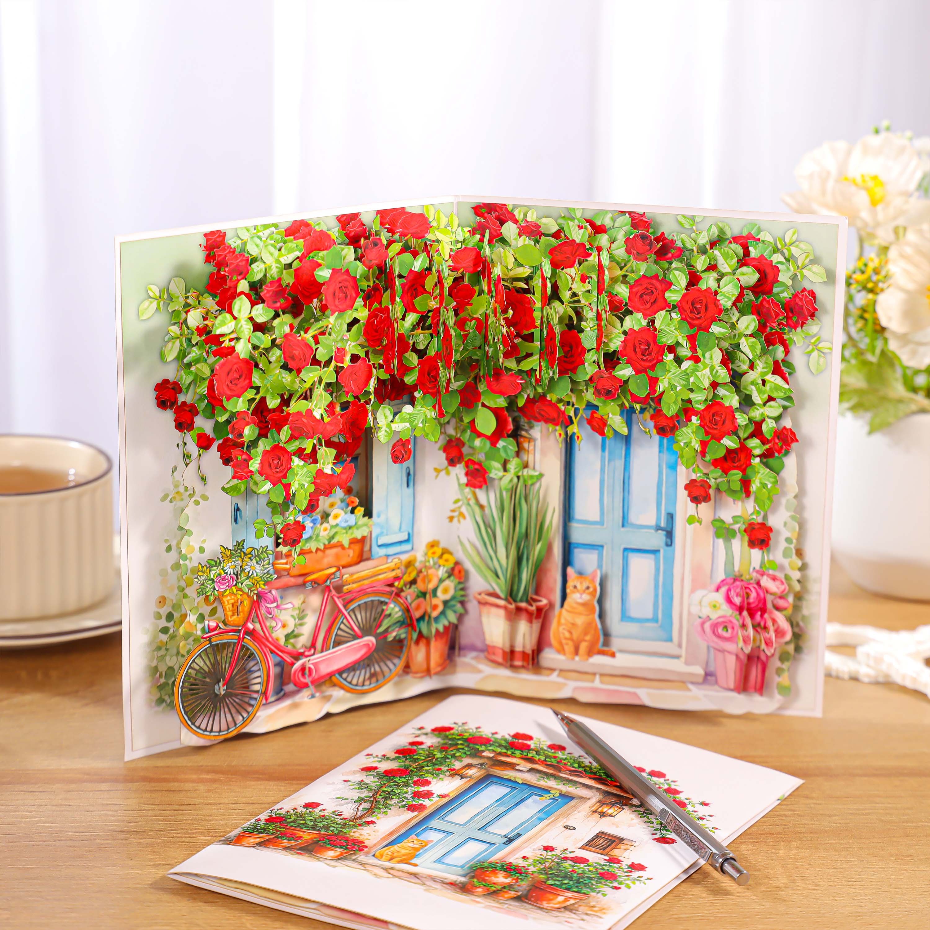 Charming Rose Cottage Pop-Up Card – A Blooming Garden Full of Warmth and Elegance